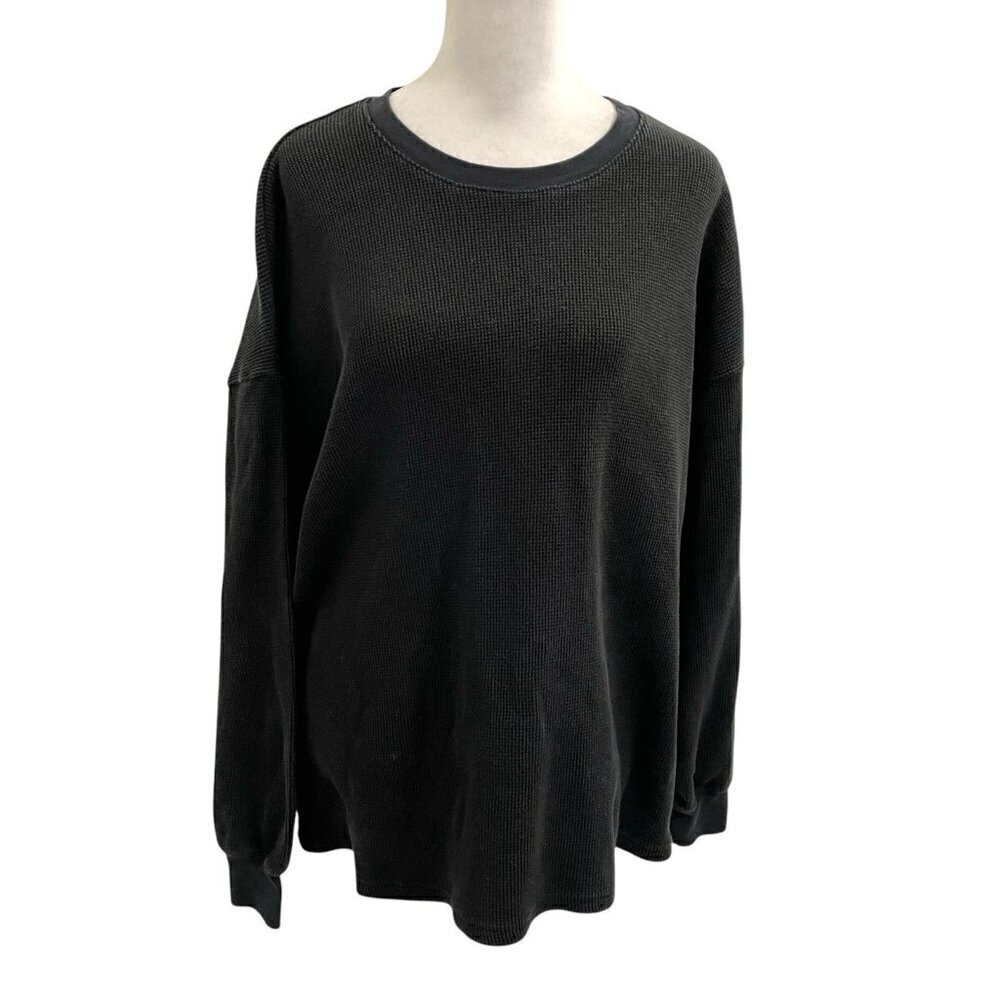 Aritzia Waffle Knit Oversized Relaxed Long Sleeve Shirt Top Black size Medium